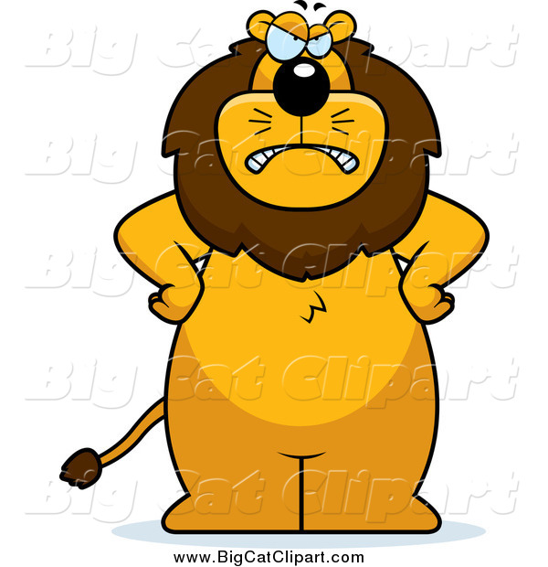 Big Cat Cartoon Vector Clipart of a Mad Lion Standing Upright with His Hands on His Hips