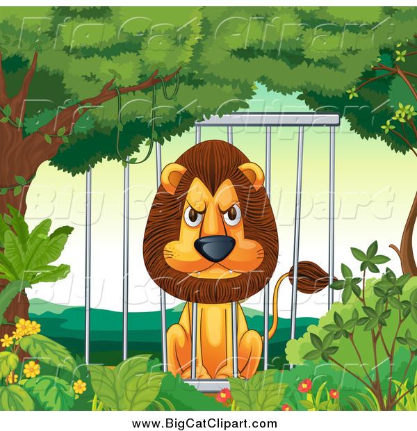 Big Cat Cartoon Vector Clipart of a Mad Male Lion in a Cage
