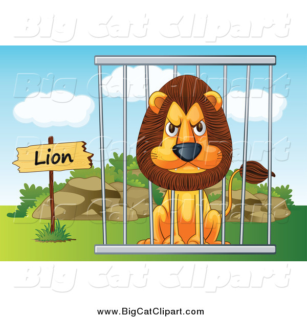 Big Cat Cartoon Vector Clipart of a Mad Zoo Lion in a Cage