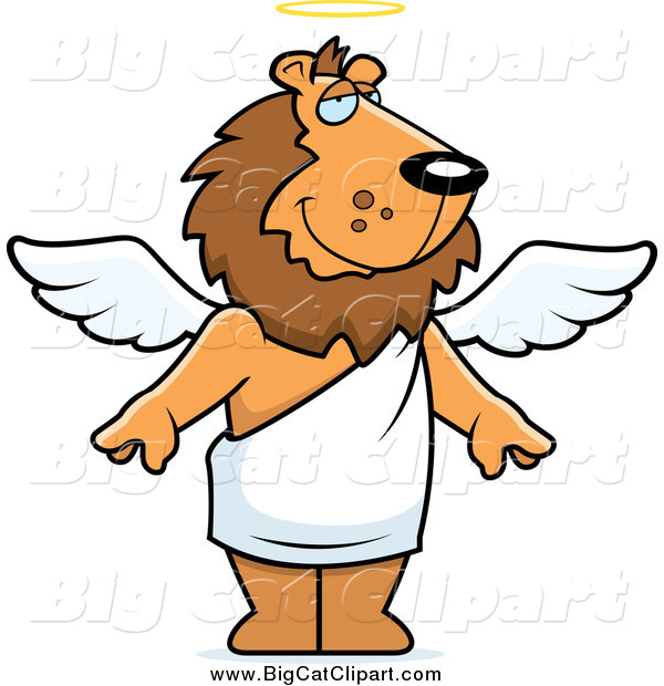 Big Cat Cartoon Vector Clipart of a Male Angel Lion with White Wings and a Halo