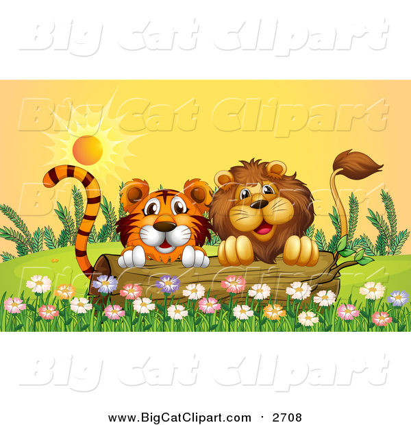 Big Cat Cartoon Vector Clipart of a Male Lion and Tiger Peeking Behind a Log at Sunset
