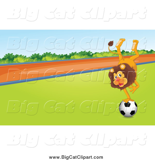 Big Cat Cartoon Vector Clipart of a Male Lion Balancing on a Soccer Ball