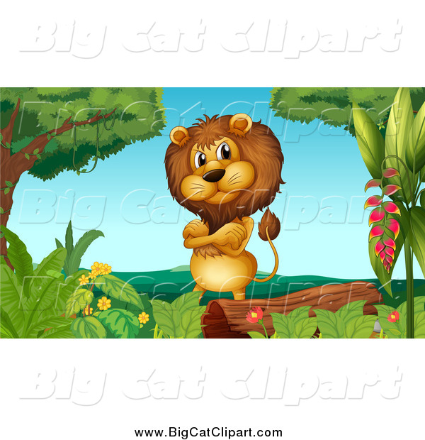 Big Cat Cartoon Vector Clipart of a Male Lion by a Log