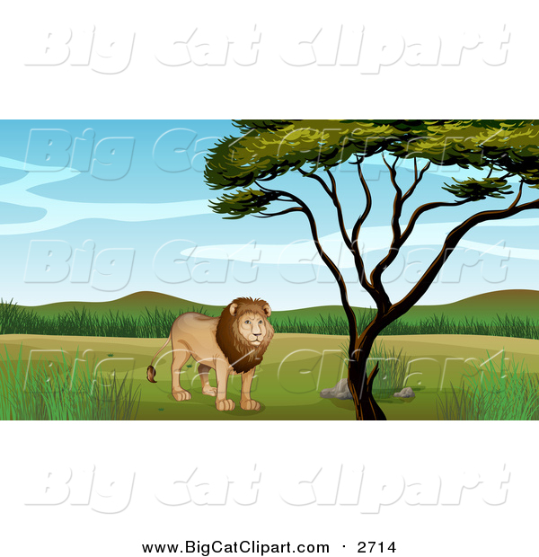 Big Cat Cartoon Vector Clipart of a Male Lion by a Tree on a Sunny Day