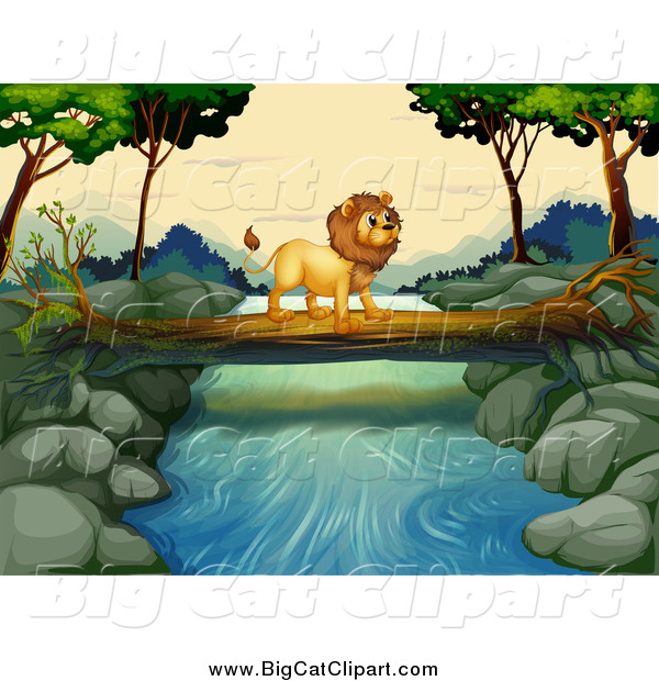 Big Cat Cartoon Vector Clipart of a Male Lion Crossing a Stream on a Fallen Log