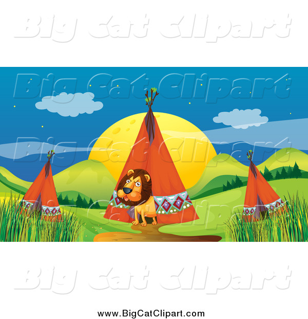 Big Cat Cartoon Vector Clipart of a Male Lion Emerging from a Tipi in a Camp