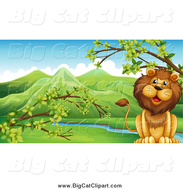 Big Cat Cartoon Vector Clipart of a Male Lion in a Valley