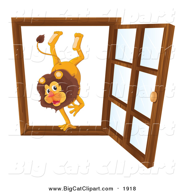 Big Cat Cartoon Vector Clipart of a Male Lion in an Open Window