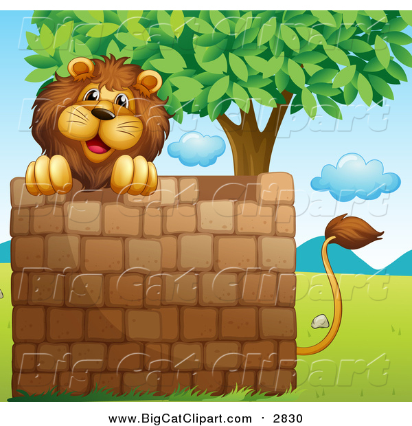 Big Cat Cartoon Vector Clipart of a Male Lion Looking over a Brick Wall Under a Tree