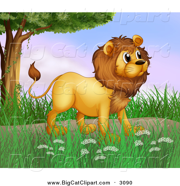 Big Cat Cartoon Vector Clipart of a Male Lion near a Tree