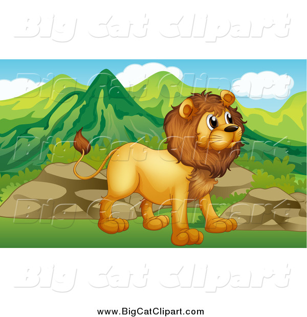 Big Cat Cartoon Vector Clipart of a Male Lion near Boulders and Mountains