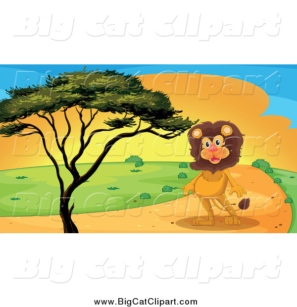 Big Cat Cartoon Vector Clipart of a Male Lion on a Path by a Tree at Sunset