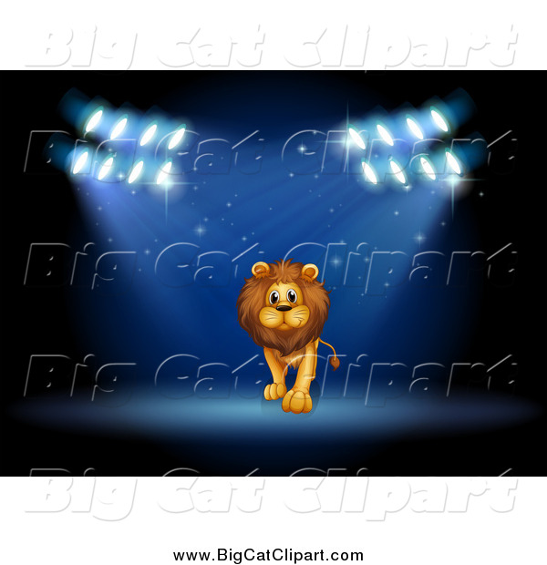 Big Cat Cartoon Vector Clipart of a Male Lion Performing in Spotlights on a Stage
