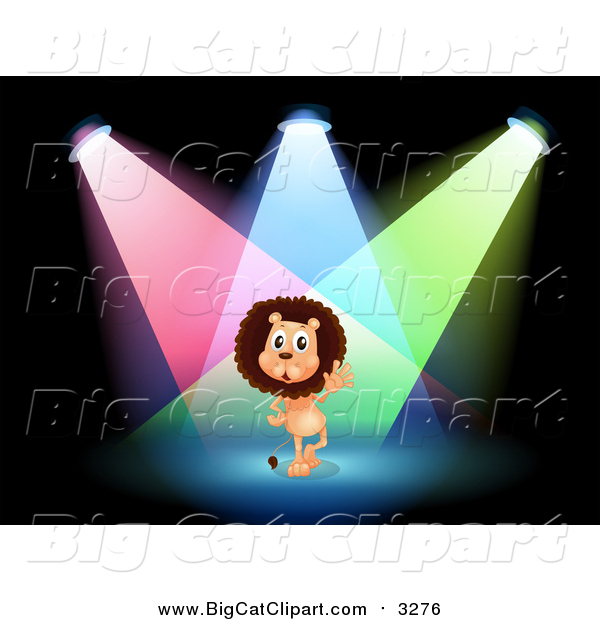 Big Cat Cartoon Vector Clipart of a Male Lion Performing in Spotlights on a Stage