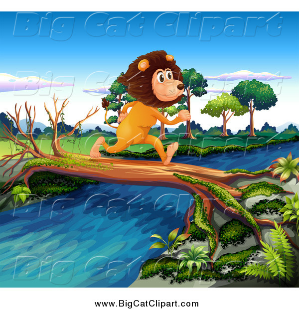 Big Cat Cartoon Vector Clipart of a Male Lion Running on a Log over a Stream