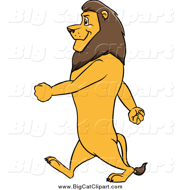 Big Cat Cartoon Vector Clipart of a Male Lion Walking Upright in Profile
