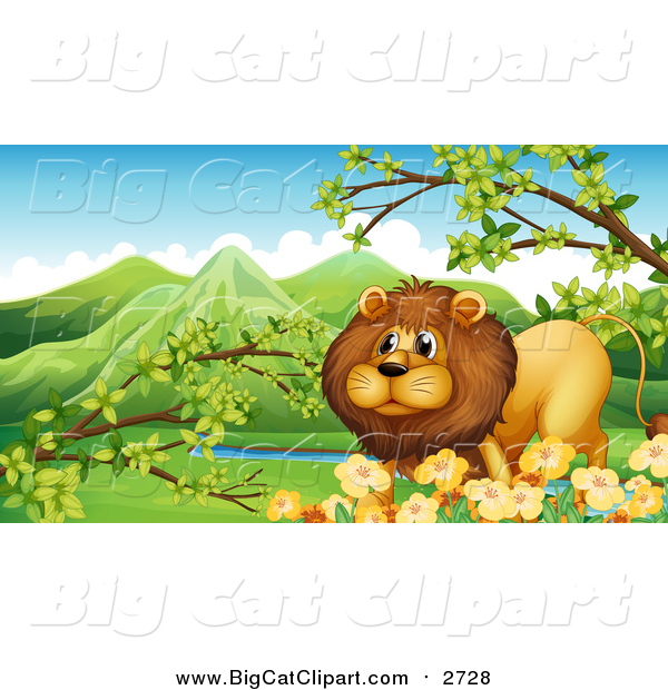 Big Cat Cartoon Vector Clipart of a Male Lion with Branches and Spring Flowers