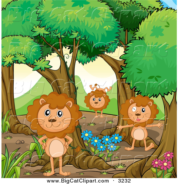 Big Cat Cartoon Vector Clipart of a Male Lions Playing in the Forest