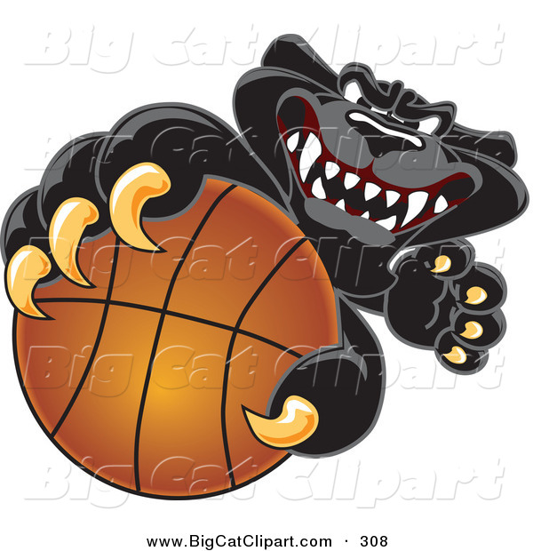 Big Cat Cartoon Vector Clipart of a Mean Black Jaguar Mascot Character Grabbing a Basketball