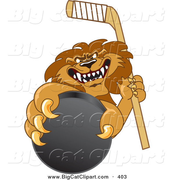 Big Cat Cartoon Vector Clipart of a Mean Lion Character Mascot Grabbing a Hockey Puck