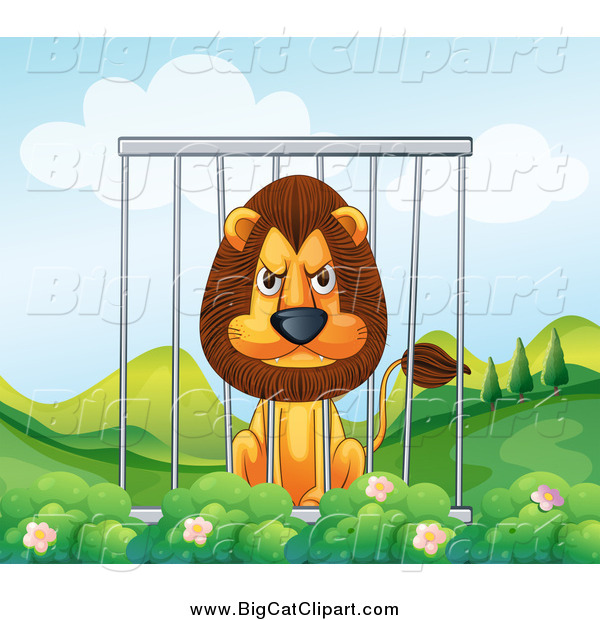 Big Cat Cartoon Vector Clipart of a Mean Lion in a Cage