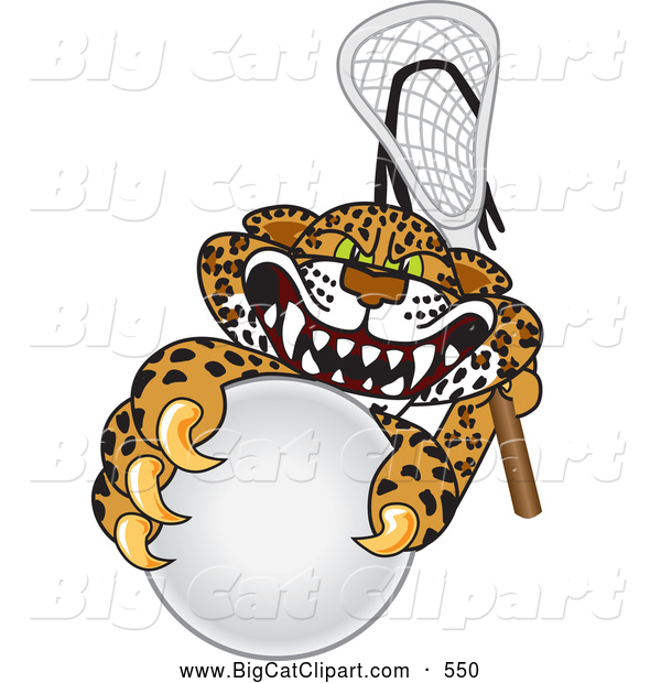 Big Cat Cartoon Vector Clipart of a Mean Looking Cheetah, Jaguar or Leopard Character School Mascot Playing Lacrosse