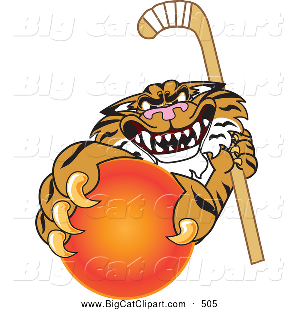 Big Cat Cartoon Vector Clipart of a Mean Tiger Character School Mascot Grabbing a Field Hockey Ball