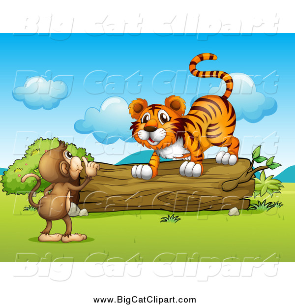 Big Cat Cartoon Vector Clipart of a Monkey Talking to a Tiger at a Log