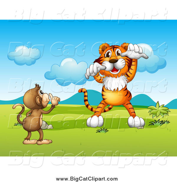 Big Cat Cartoon Vector Clipart of a Monkey Trying to Silence a Tiger