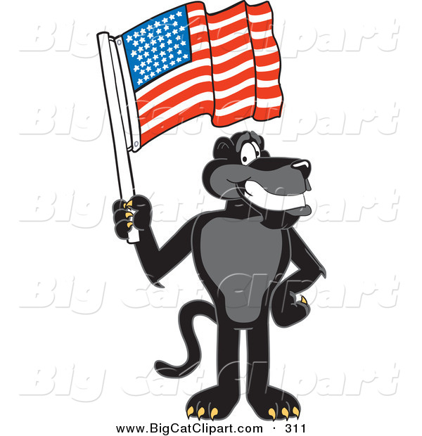 Big Cat Cartoon Vector Clipart of a Patriotic Black Jaguar Mascot Character Waving an American Flag