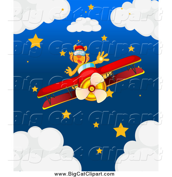 Big Cat Cartoon Vector Clipart of a Pilot Tiger over a Night Sky