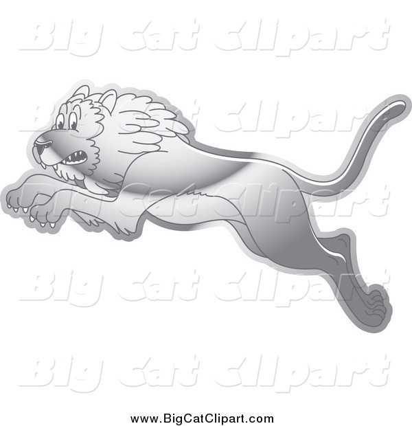 Big Cat Cartoon Vector Clipart of a Reflective Silver Leaping Lion Facing Left