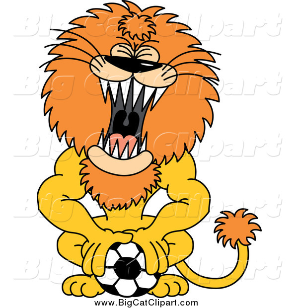 Big Cat Cartoon Vector Clipart of a Roaring Athletic Lion Pushing down on a Soccer Ball