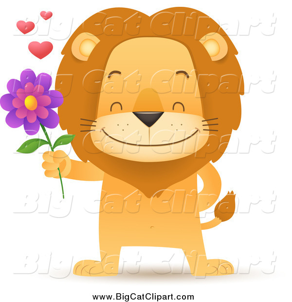 Big Cat Cartoon Vector Clipart of a Romantic Male Lion Holding out a Flower