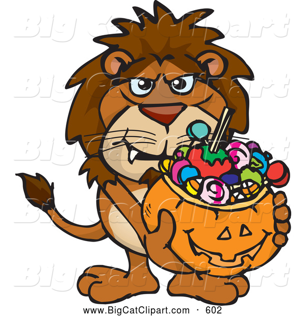 Big Cat Cartoon Vector Clipart of a Scary Trick or Treating Lion Holding a Pumpkin Basket Full of Halloween Candy