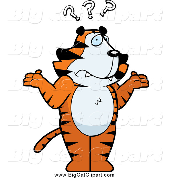Big Cat Cartoon Vector Clipart of a Shrugging Confused Tiger with Question Marks