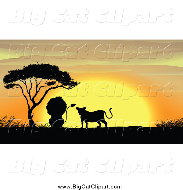 Big Cat Cartoon Vector Clipart of a Silhouetted Lion Couple by a Tree at Sunset