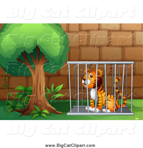 Big Cat Cartoon Vector Clipart of a Sitting Caged Tiger by a Tree