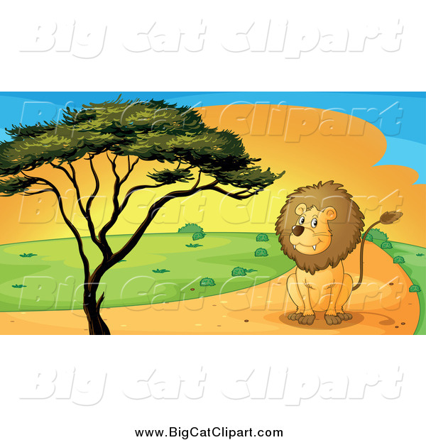 Big Cat Cartoon Vector Clipart of a Sitting Lion on a Path by a Tree at Sunset