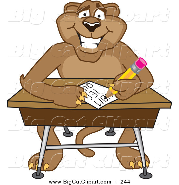 Big Cat Cartoon Vector Clipart of a Smart Cougar Mascot Character Taking a Quiz