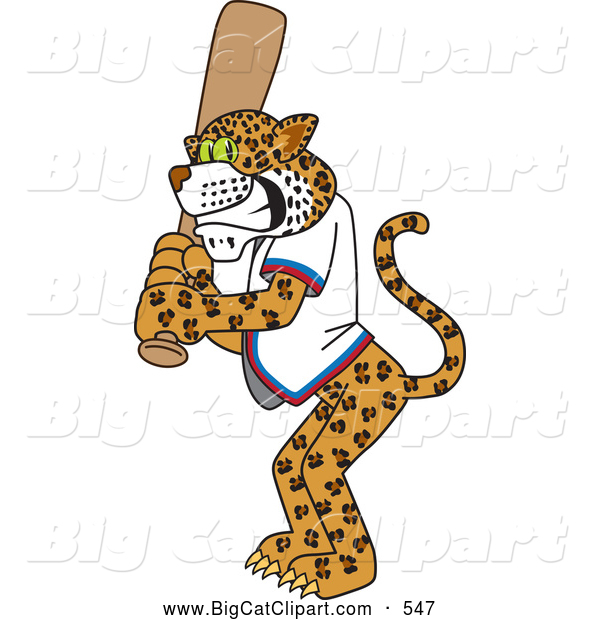Big Cat Cartoon Vector Clipart of a Smiling Cheetah, Jaguar or Leopard Character School Mascot Batting