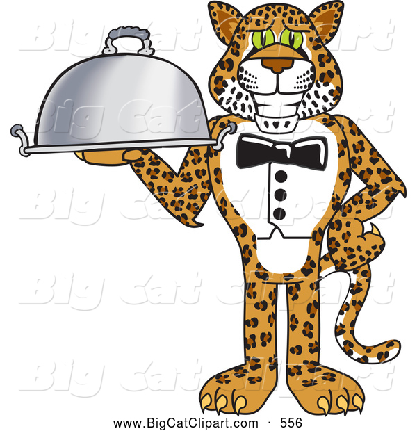 Big Cat Cartoon Vector Clipart of a Smiling Cheetah, Jaguar or Leopard Character School Mascot Serving a Platter