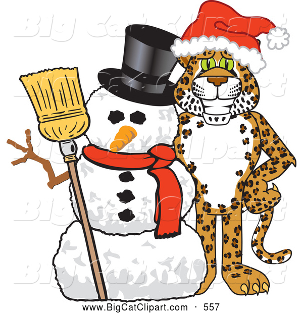 Big Cat Cartoon Vector Clipart of a Smiling Cheetah, Jaguar or Leopard Character School Mascot with a Snowman