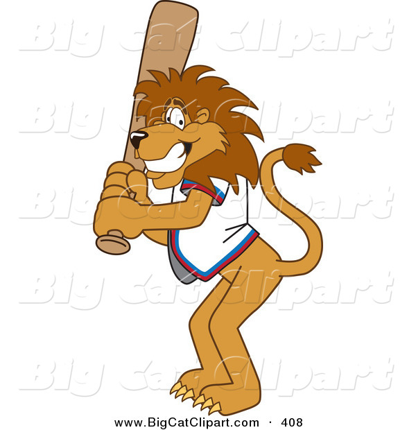 Big Cat Cartoon Vector Clipart of a Smiling Lion Character Mascot Batting