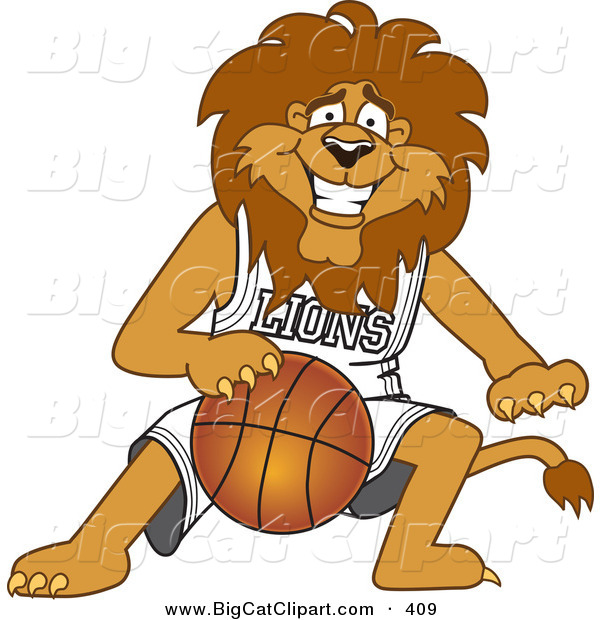 Big Cat Cartoon Vector Clipart of a Smiling Lion Character Mascot Dribbling a Basketball