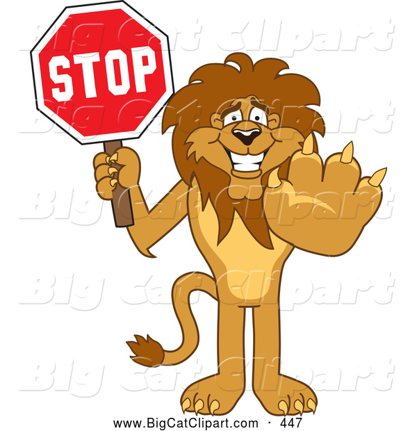 Big Cat Cartoon Vector Clipart of a Smiling Lion Character Mascot Holding a Stop Sign