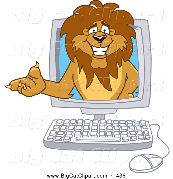 Big Cat Cartoon Vector Clipart of a Smiling Lion Character Mascot in a Computer