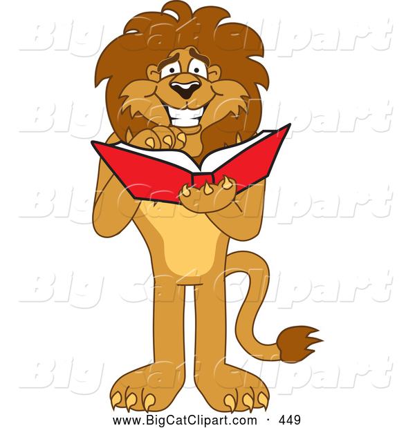 Big Cat Cartoon Vector Clipart of a Smiling Lion Character Mascot Reading