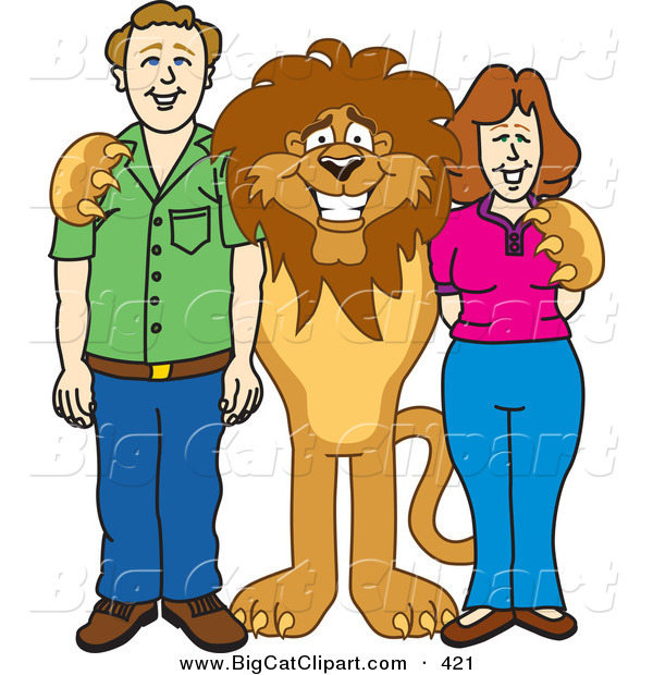 Big Cat Cartoon Vector Clipart of a Smiling Lion Character Mascot with Adults