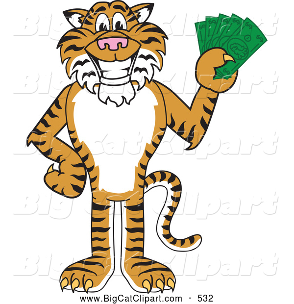 Big Cat Cartoon Vector Clipart of a Smiling Tiger Character School Mascot Holding Cash